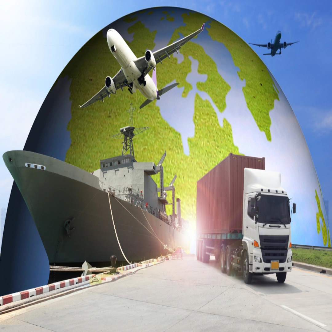 A cargo airplane, container ship, and freight truck against a globe backdrop, symbolizing international logistics and transportation services by air, sea, and road.