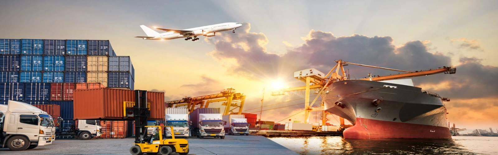 A busy international port scene showing stacked cargo containers, freight trucks, a forklift, a cargo ship, and an airplane flying overhead against a sunset sky, representing efficient global shipping and logistics services.