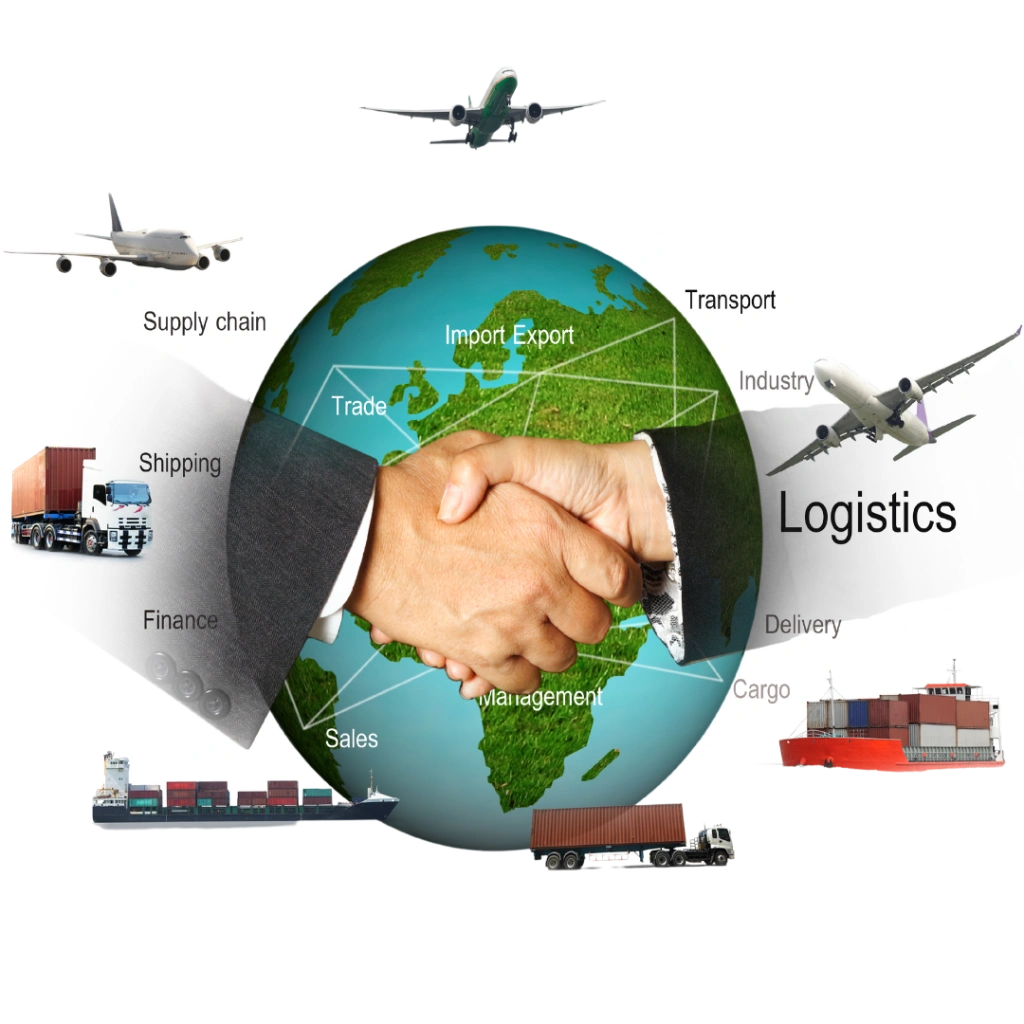 A globe overlaid with logistics keywords like import-export, trade, and supply chain. A central handshake symbolizes global business partnerships, surrounded by cargo ships, airplanes, and trucks representing worldwide transport and logistics services.